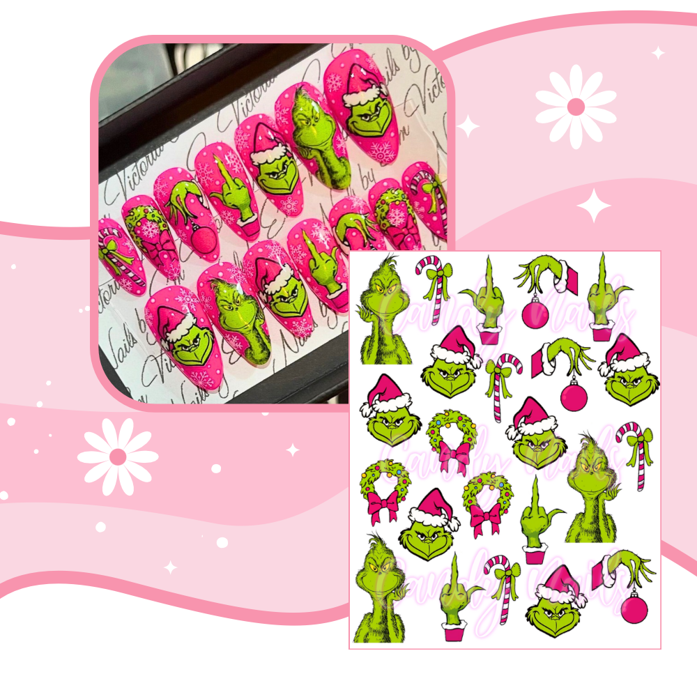 PINK GRINCHY 2 transfer stickers (X8)